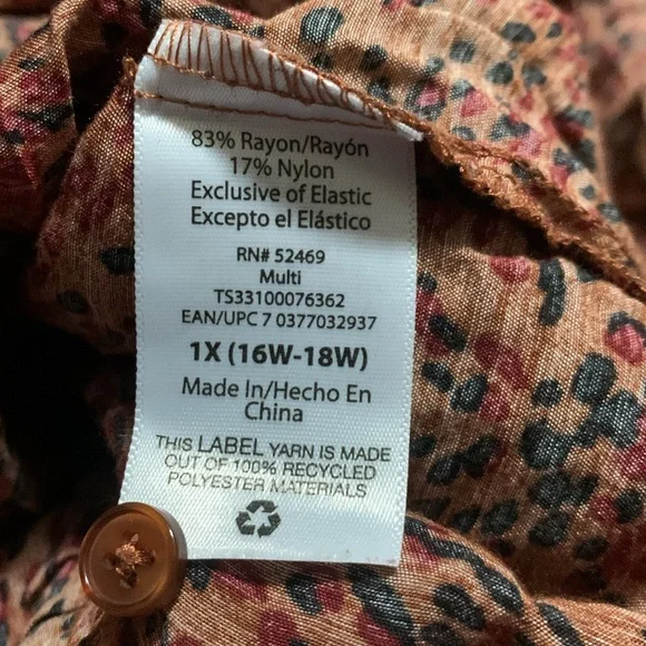 Terra & Sky Brown Patterned Dress Long Sleeve 1X 16W-18W - Picture 4 of 4